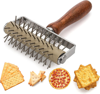 Set of 2 Pizza Dough Roller & Dough Docker, Stainless Steel Dough Hole Maker Puncher Wooden Rolling Pin for Pizza, Cookie, Pie, Pastry, Bread, Crust