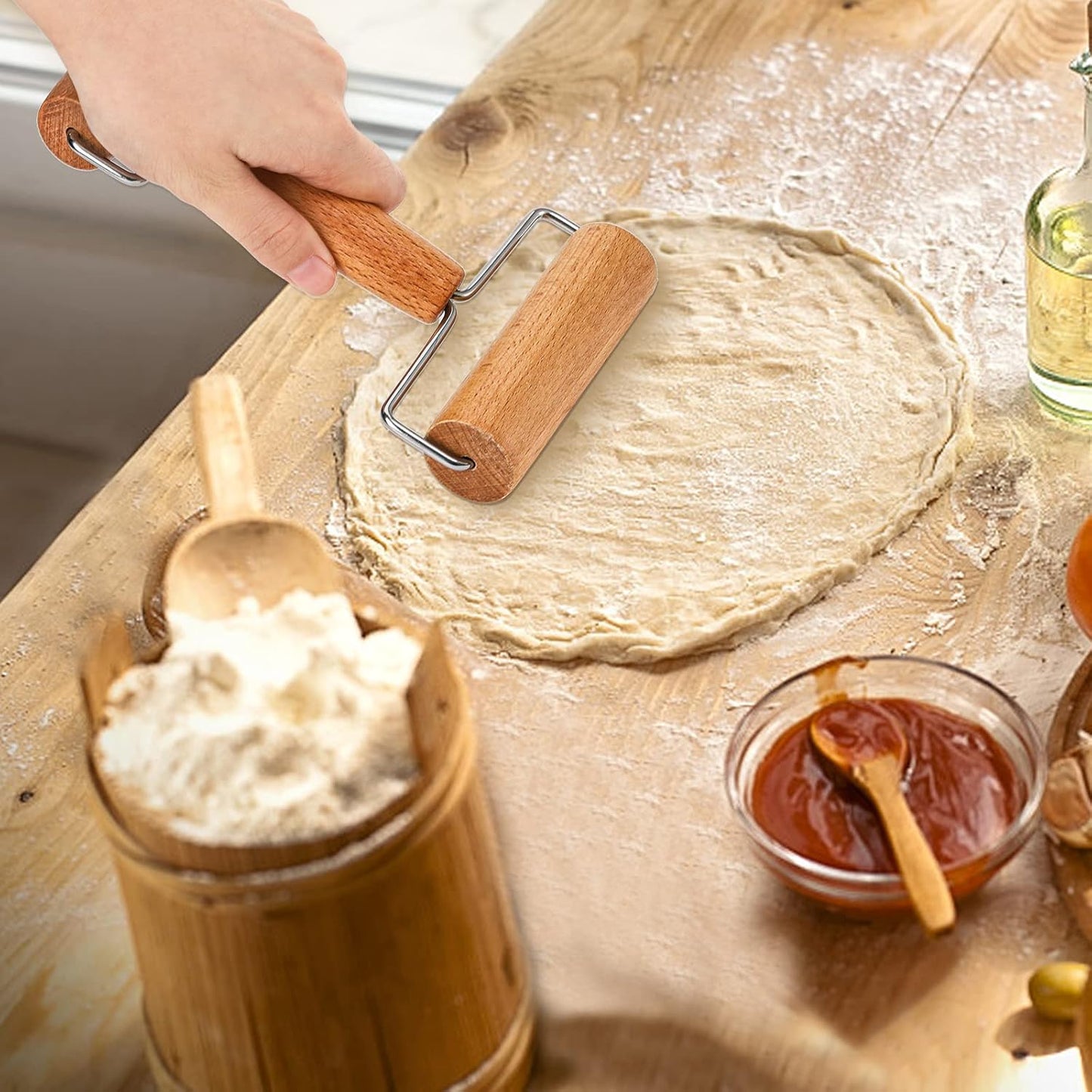 Set of 2 Pizza Dough Roller & Dough Docker, Stainless Steel Dough Hole Maker Puncher Wooden Rolling Pin for Pizza, Cookie, Pie, Pastry, Bread, Crust