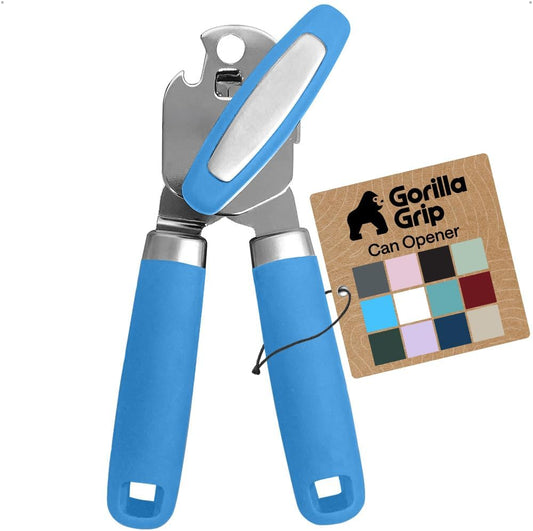 Heavy Duty Stainless Steel Smooth Edge Manual Can Opener and Bottle Openers, Soft Comfortable Handle, Oversized Handheld Turn Knob, US Designed Multifunctional Kitchen Tool, Cyan