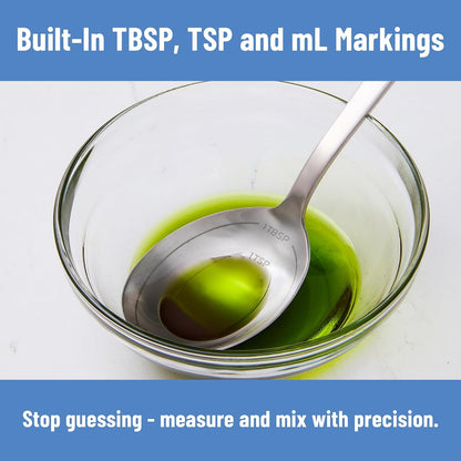 Measuring Chef Spoon – Stainless Steel Cooking Spoon with Engraved Tablespoon Teaspoon and Milliliter Markings for Precise Measuring Mixing Sauces Dressings Marinades and Cooking Prep