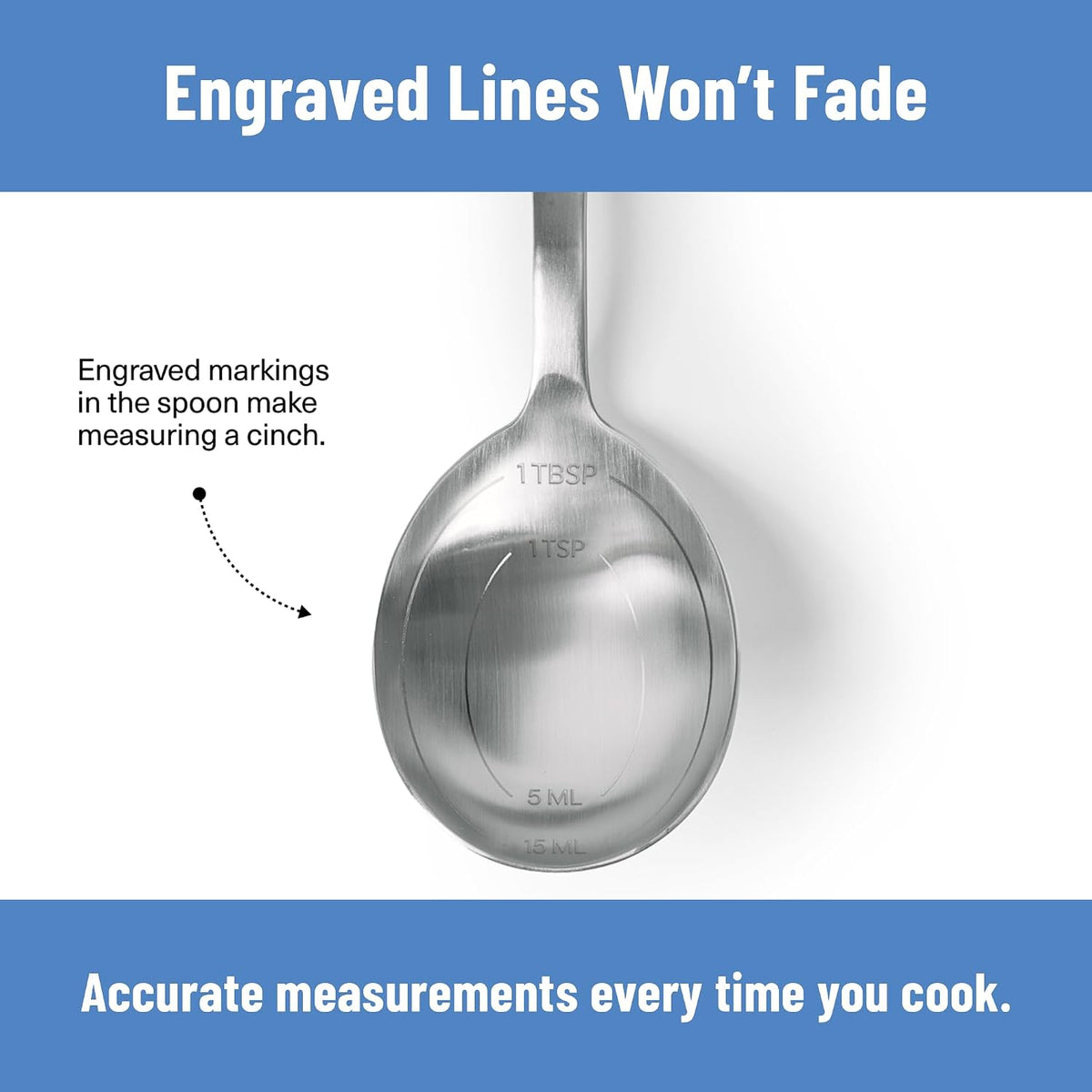 Measuring Chef Spoon – Stainless Steel Cooking Spoon with Engraved Tablespoon Teaspoon and Milliliter Markings for Precise Measuring Mixing Sauces Dressings Marinades and Cooking Prep