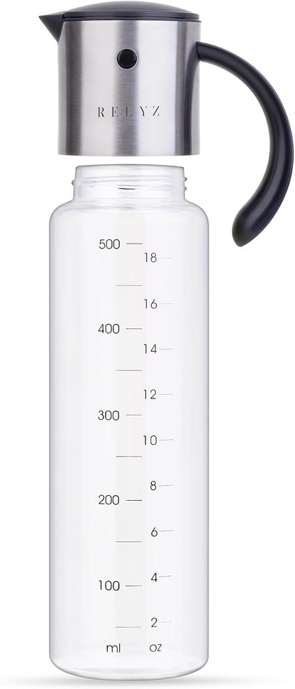Large Glass Olive Oil Dispenser, Salad Dressing Container, Soy Sauce Bottle | 17oz, Leakproof No Drip Stainless Steel Metal Pour Spout, Wide Mouth, Easy Fill, Clear Measuring Markings, Dishwasher Safe