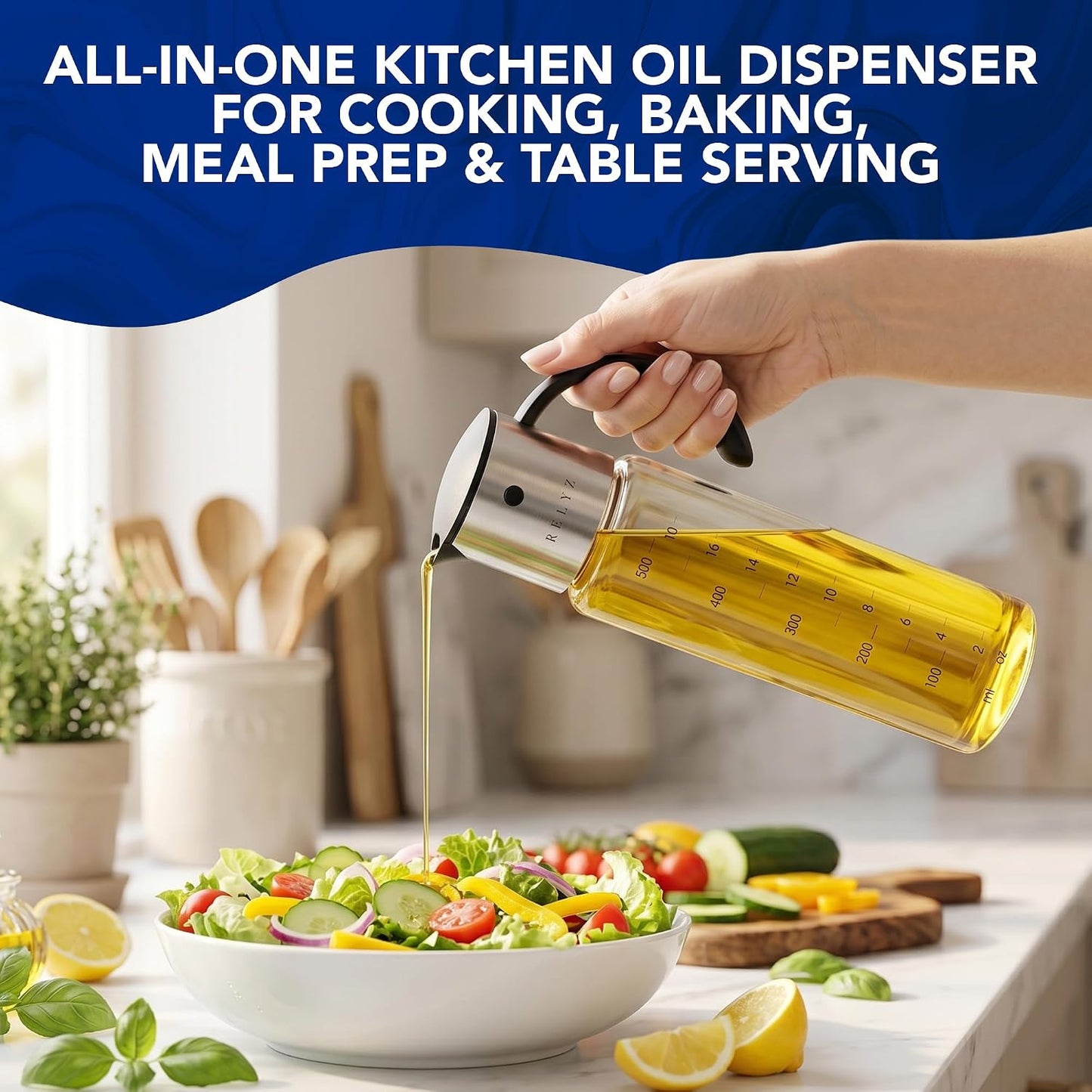 Large Glass Olive Oil Dispenser, Salad Dressing Container, Soy Sauce Bottle | 17oz, Leakproof No Drip Stainless Steel Metal Pour Spout, Wide Mouth, Easy Fill, Clear Measuring Markings, Dishwasher Safe