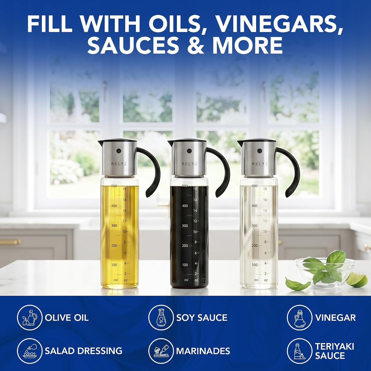 Large Glass Olive Oil Dispenser, Salad Dressing Container, Soy Sauce Bottle | 17oz, Leakproof No Drip Stainless Steel Metal Pour Spout, Wide Mouth, Easy Fill, Clear Measuring Markings, Dishwasher Safe