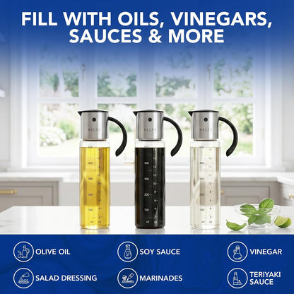 Large Glass Olive Oil Dispenser, Salad Dressing Container, Soy Sauce Bottle | 17oz, Leakproof No Drip Stainless Steel Metal Pour Spout, Wide Mouth, Easy Fill, Clear Measuring Markings, Dishwasher Safe