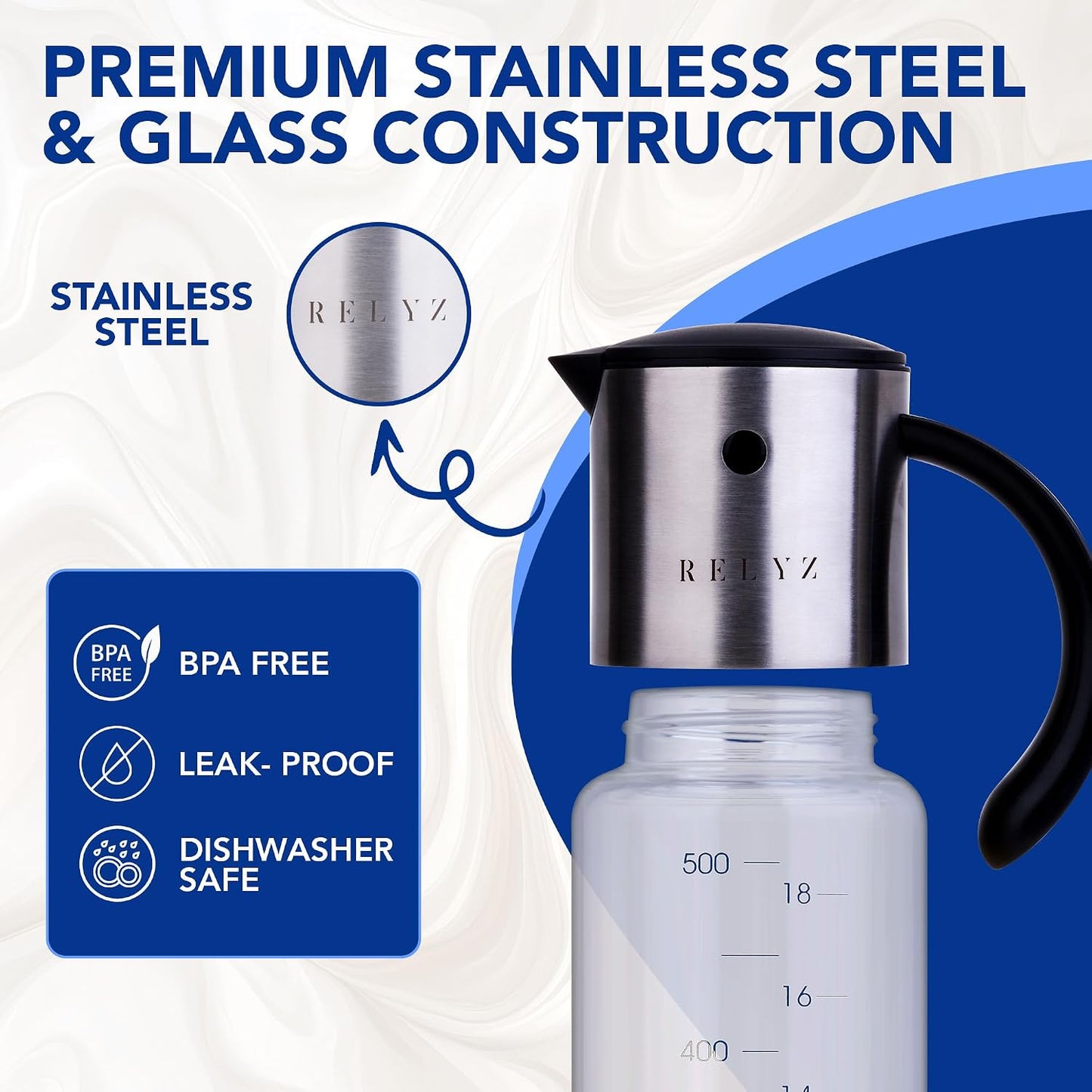 Large Glass Olive Oil Dispenser, Salad Dressing Container, Soy Sauce Bottle | 17oz, Leakproof No Drip Stainless Steel Metal Pour Spout, Wide Mouth, Easy Fill, Clear Measuring Markings, Dishwasher Safe