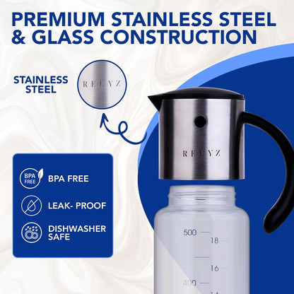 Large Glass Olive Oil Dispenser, Salad Dressing Container, Soy Sauce Bottle | 17oz, Leakproof No Drip Stainless Steel Metal Pour Spout, Wide Mouth, Easy Fill, Clear Measuring Markings, Dishwasher Safe