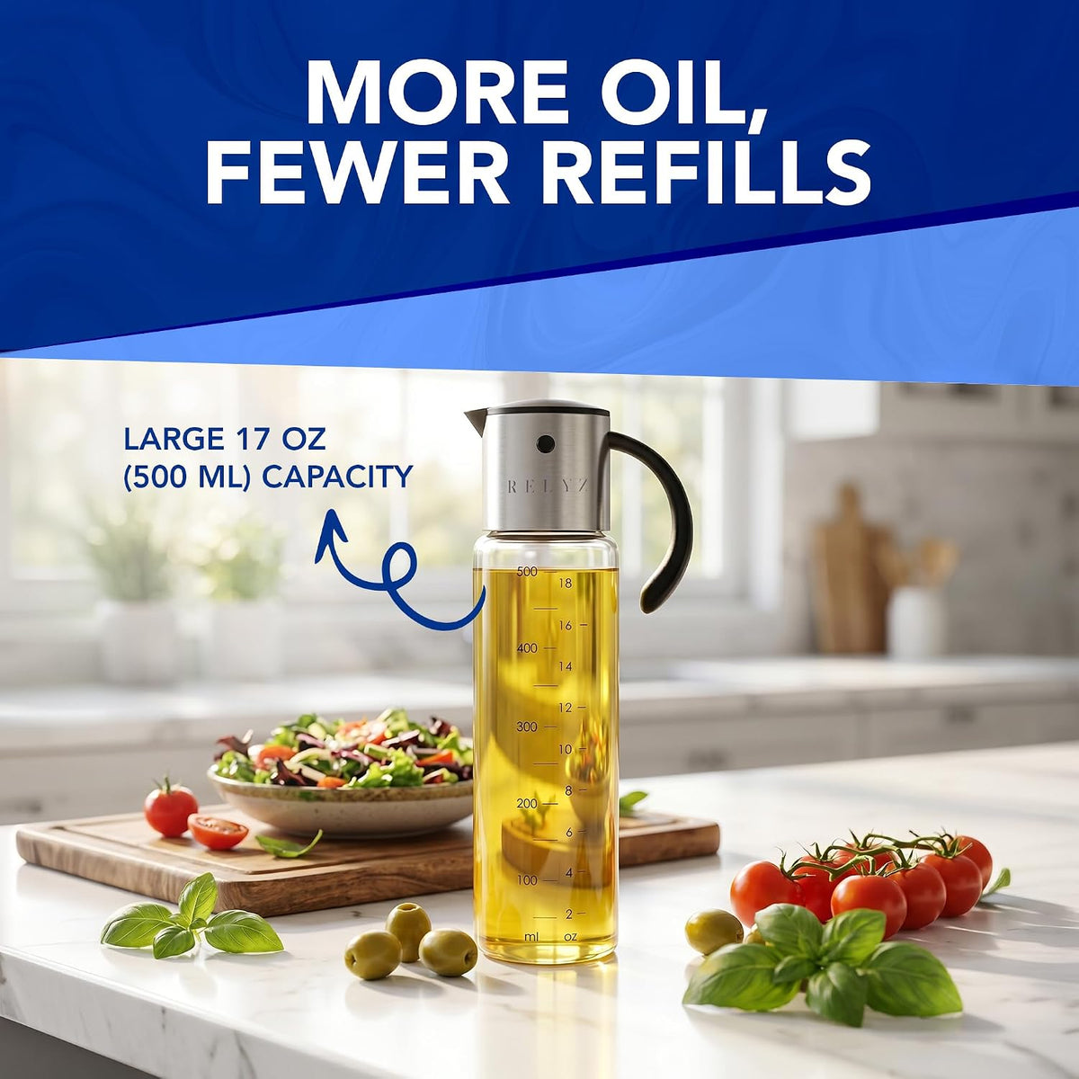Large Glass Olive Oil Dispenser, Salad Dressing Container, Soy Sauce Bottle | 17oz, Leakproof No Drip Stainless Steel Metal Pour Spout, Wide Mouth, Easy Fill, Clear Measuring Markings, Dishwasher Safe