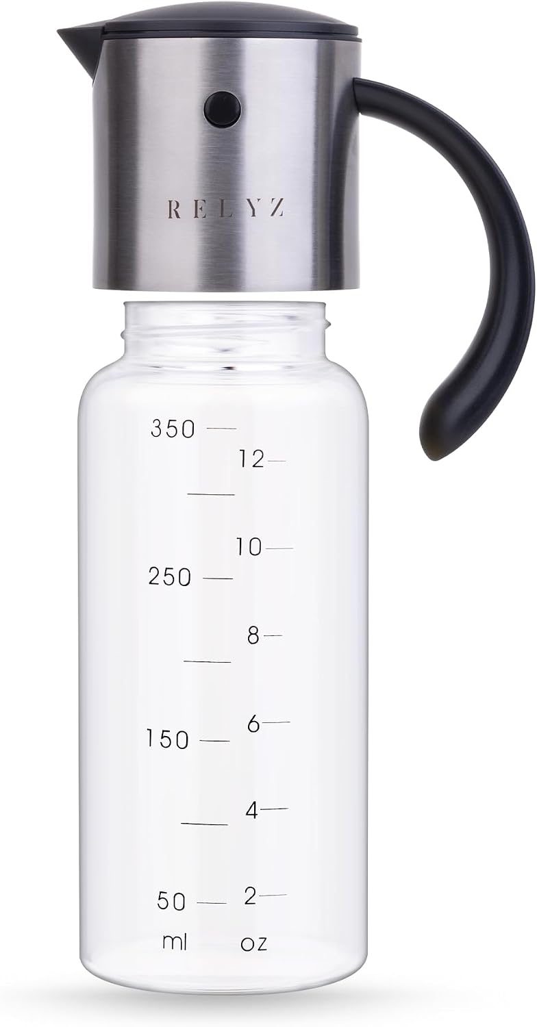 Large Glass Olive Oil Dispenser, Salad Dressing Container, Soy Sauce Bottle | 17oz, Leakproof No Drip Stainless Steel Metal Pour Spout, Wide Mouth, Easy Fill, Clear Measuring Markings, Dishwasher Safe