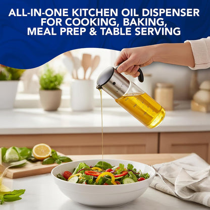 Large Glass Olive Oil Dispenser, Salad Dressing Container, Soy Sauce Bottle | 17oz, Leakproof No Drip Stainless Steel Metal Pour Spout, Wide Mouth, Easy Fill, Clear Measuring Markings, Dishwasher Safe