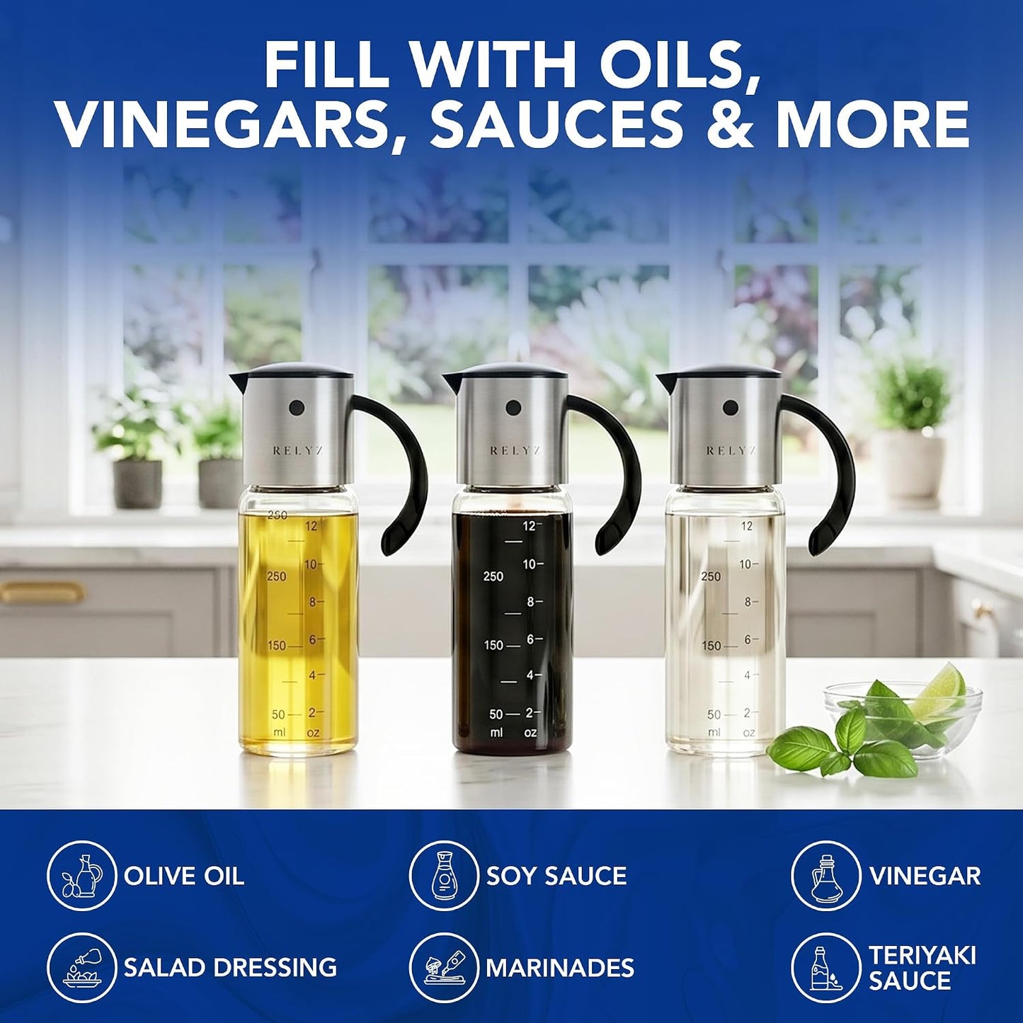 Large Glass Olive Oil Dispenser, Salad Dressing Container, Soy Sauce Bottle | 17oz, Leakproof No Drip Stainless Steel Metal Pour Spout, Wide Mouth, Easy Fill, Clear Measuring Markings, Dishwasher Safe