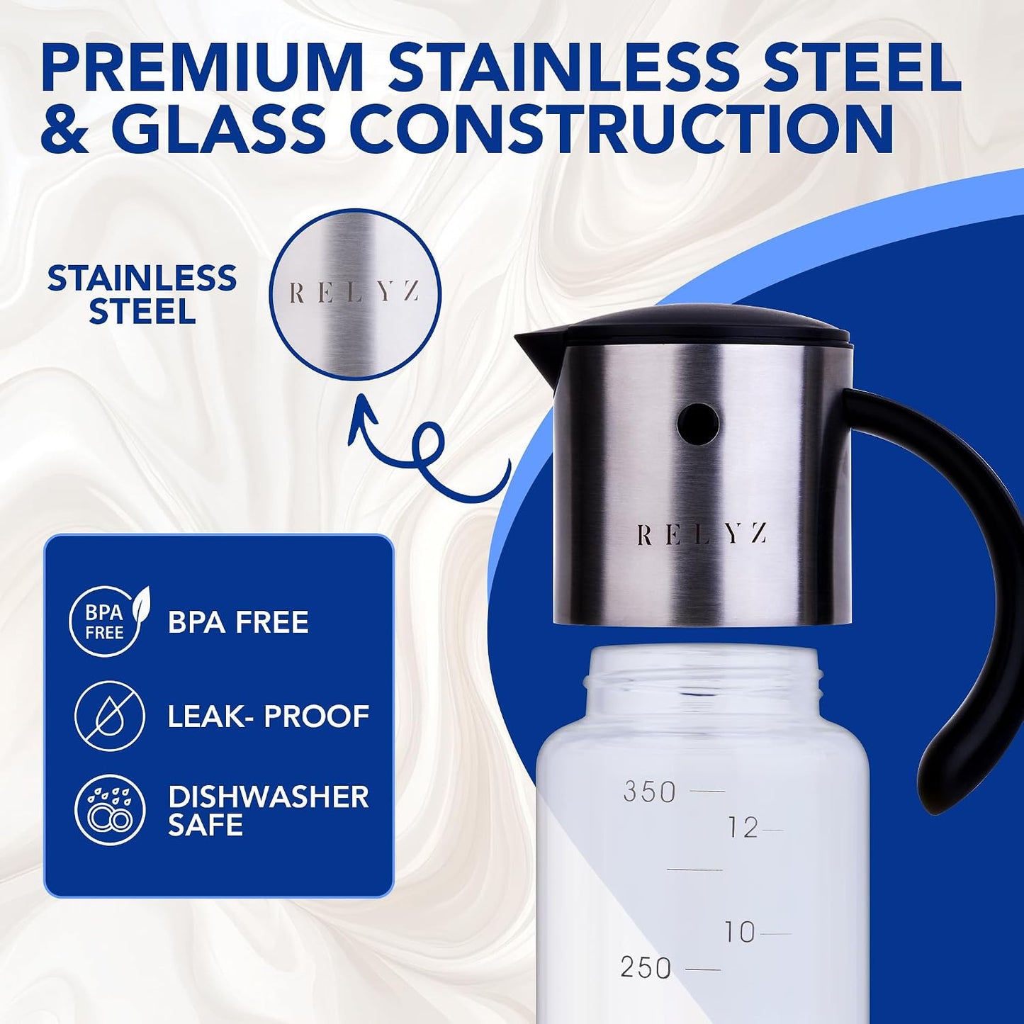 Large Glass Olive Oil Dispenser, Salad Dressing Container, Soy Sauce Bottle | 17oz, Leakproof No Drip Stainless Steel Metal Pour Spout, Wide Mouth, Easy Fill, Clear Measuring Markings, Dishwasher Safe