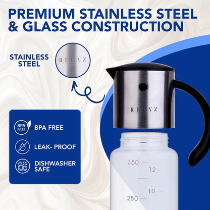 Large Glass Olive Oil Dispenser, Salad Dressing Container, Soy Sauce Bottle | 17oz, Leakproof No Drip Stainless Steel Metal Pour Spout, Wide Mouth, Easy Fill, Clear Measuring Markings, Dishwasher Safe