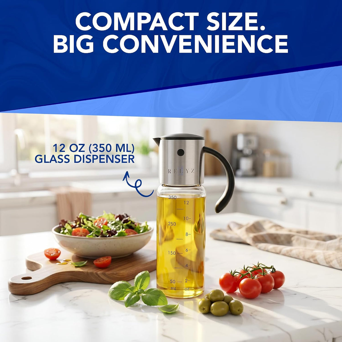 Large Glass Olive Oil Dispenser, Salad Dressing Container, Soy Sauce Bottle | 17oz, Leakproof No Drip Stainless Steel Metal Pour Spout, Wide Mouth, Easy Fill, Clear Measuring Markings, Dishwasher Safe