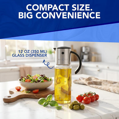 Large Glass Olive Oil Dispenser, Salad Dressing Container, Soy Sauce Bottle | 17oz, Leakproof No Drip Stainless Steel Metal Pour Spout, Wide Mouth, Easy Fill, Clear Measuring Markings, Dishwasher Safe
