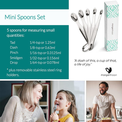 Stainless Steel Mini Measuring Spoons Set - Heavy Duty, 5-Piece Set - For Powders, Supplements, Herbs, Spices, Extracts - Dishwasher-safe - Professional Metal Kitchen Utensils