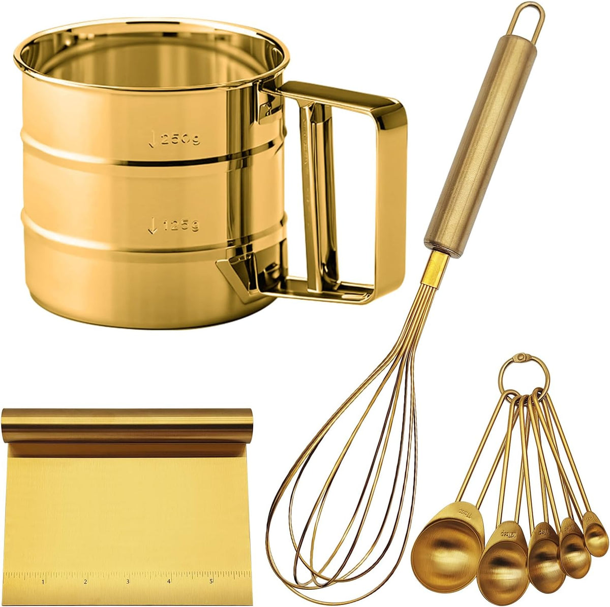 Gold Flour Sifter Baking Tool Set, Stainless Steel 4-Piece Kit with 10" Whisk, Dough Scraper & 5 Measuring Spoons, Mirror Polished, Easy to Clean, for Cake Bread Cookie Prep
