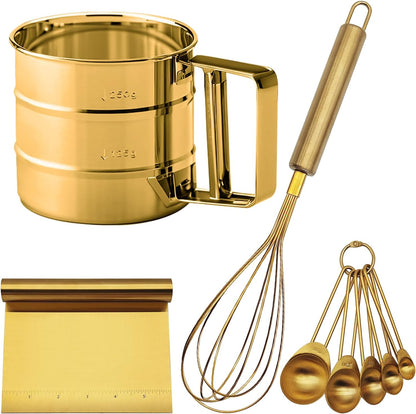 Gold Flour Sifter Baking Tool Set, Stainless Steel 4-Piece Kit with 10" Whisk, Dough Scraper & 5 Measuring Spoons, Mirror Polished, Easy to Clean, for Cake Bread Cookie Prep