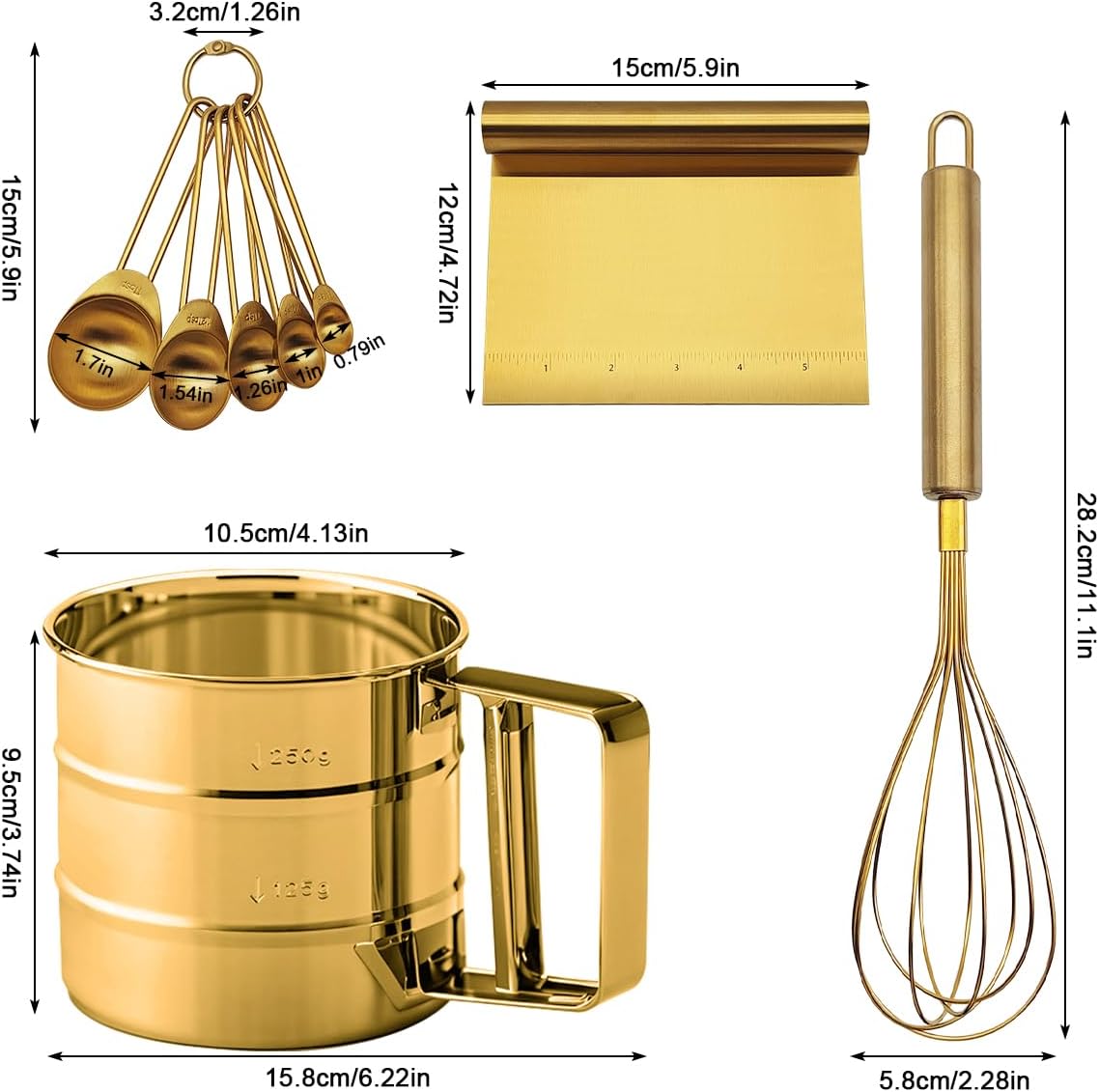 Gold Flour Sifter Baking Tool Set, Stainless Steel 4-Piece Kit with 10" Whisk, Dough Scraper & 5 Measuring Spoons, Mirror Polished, Easy to Clean, for Cake Bread Cookie Prep