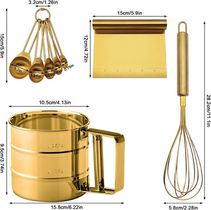 Gold Flour Sifter Baking Tool Set, Stainless Steel 4-Piece Kit with 10" Whisk, Dough Scraper & 5 Measuring Spoons, Mirror Polished, Easy to Clean, for Cake Bread Cookie Prep