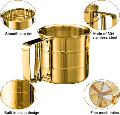 Gold Flour Sifter Baking Tool Set, Stainless Steel 4-Piece Kit with 10" Whisk, Dough Scraper & 5 Measuring Spoons, Mirror Polished, Easy to Clean, for Cake Bread Cookie Prep