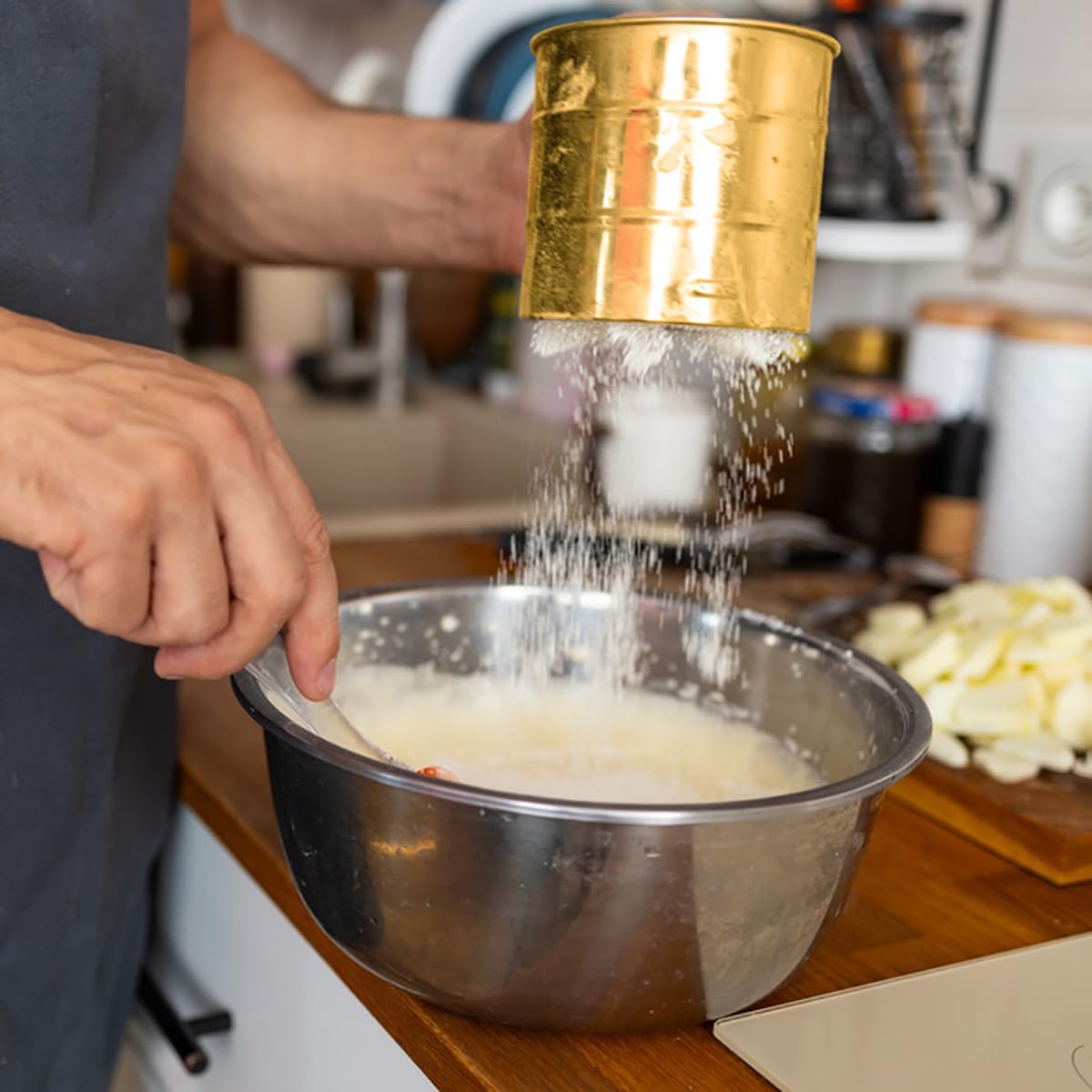 Gold Flour Sifter Baking Tool Set, Stainless Steel 4-Piece Kit with 10" Whisk, Dough Scraper & 5 Measuring Spoons, Mirror Polished, Easy to Clean, for Cake Bread Cookie Prep
