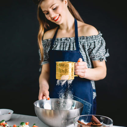 Gold Flour Sifter Baking Tool Set, Stainless Steel 4-Piece Kit with 10" Whisk, Dough Scraper & 5 Measuring Spoons, Mirror Polished, Easy to Clean, for Cake Bread Cookie Prep