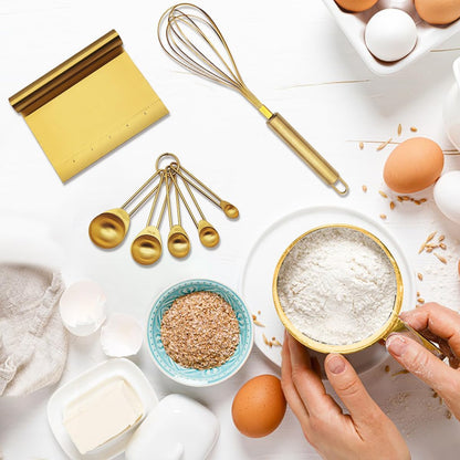 Gold Flour Sifter Baking Tool Set, Stainless Steel 4-Piece Kit with 10" Whisk, Dough Scraper & 5 Measuring Spoons, Mirror Polished, Easy to Clean, for Cake Bread Cookie Prep