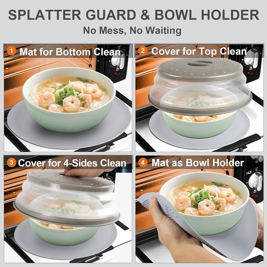 2 in 1, Microwave Splatter Cover for Food & Silicone Microwave Mat, Mat as Bowl Holder, Trivet, Pot Holders, Drying, Baking, Utensils Rest for Kitchen Counter, Dishwasher Safe, Grey