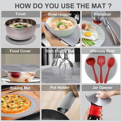 2 in 1, Microwave Splatter Cover for Food & Silicone Microwave Mat, Mat as Bowl Holder, Trivet, Pot Holders, Drying, Baking, Utensils Rest for Kitchen Counter, Dishwasher Safe, Grey