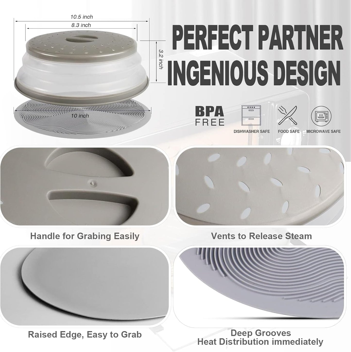 2 in 1, Microwave Splatter Cover for Food & Silicone Microwave Mat, Mat as Bowl Holder, Trivet, Pot Holders, Drying, Baking, Utensils Rest for Kitchen Counter, Dishwasher Safe, Grey