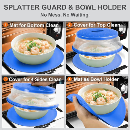 2 in 1, Microwave Splatter Cover for Food & Silicone Microwave Mat, Mat as Bowl Holder, Trivet, Pot Holders, Drying, Baking, Utensils Rest for Kitchen Counter, Dishwasher Safe, Grey