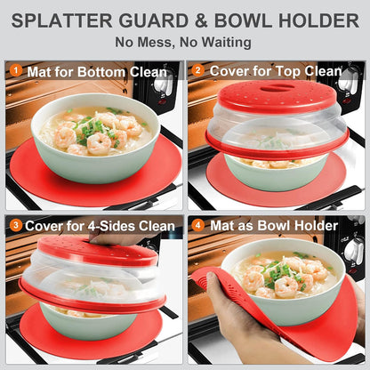 2 in 1, Microwave Splatter Cover for Food & Silicone Microwave Mat, Mat as Bowl Holder, Trivet, Pot Holders, Drying, Baking, Utensils Rest for Kitchen Counter, Dishwasher Safe, Grey