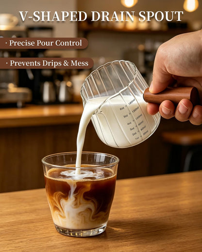 Espresso Measuring Cup 6 Oz, Espresso Cup with Wood Handle, V-Shaped Spout