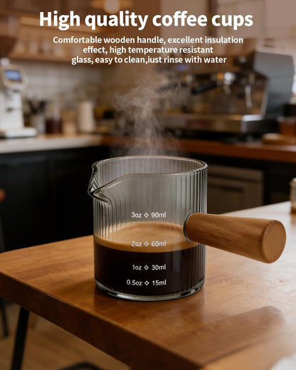 Espresso Measuring Cup 6 Oz, Espresso Cup with Wood Handle, V-Shaped Spout