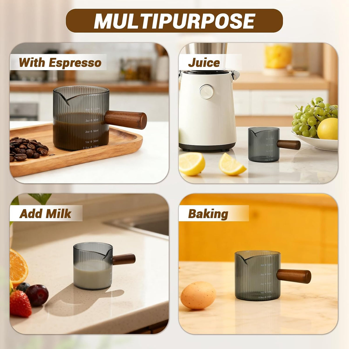 Espresso Measuring Cup 6 Oz, Espresso Cup with Wood Handle, V-Shaped Spout