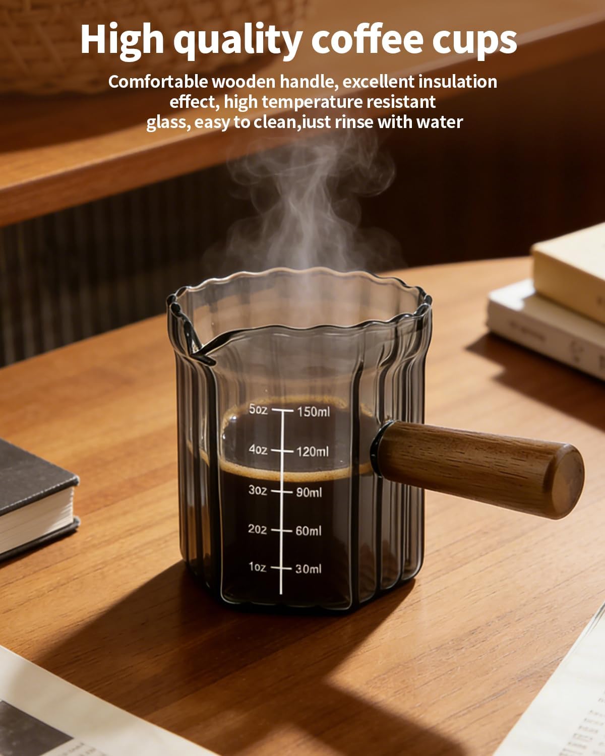 Espresso Measuring Cup 6 Oz, Espresso Cup with Wood Handle, V-Shaped Spout