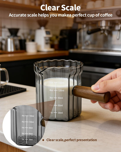 Espresso Measuring Cup 6 Oz, Espresso Cup with Wood Handle, V-Shaped Spout
