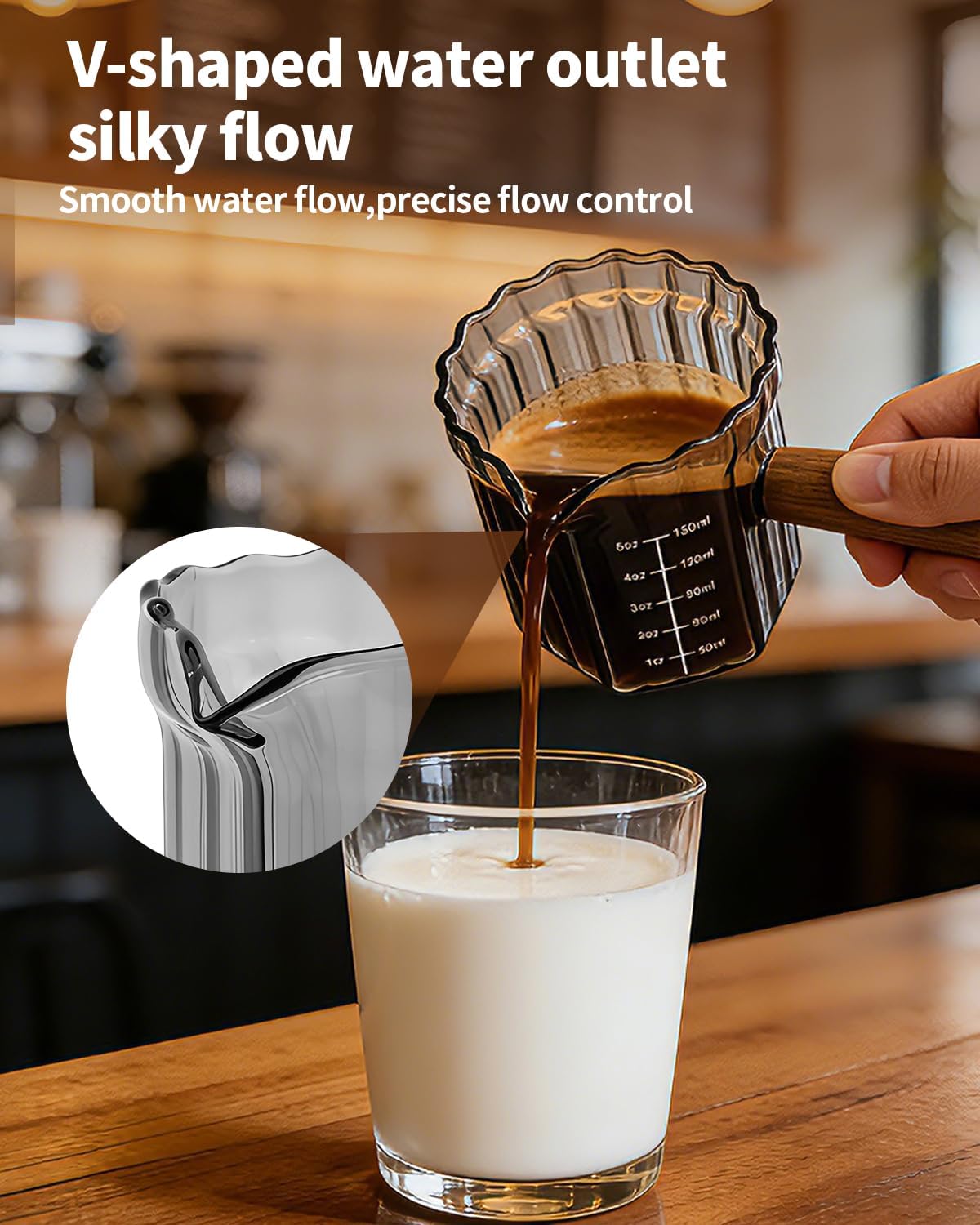 Espresso Measuring Cup 6 Oz, Espresso Cup with Wood Handle, V-Shaped Spout