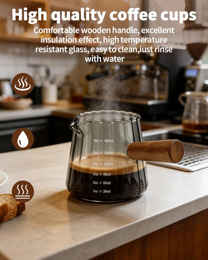 Espresso Measuring Cup 6 Oz, Espresso Cup with Wood Handle, V-Shaped Spout