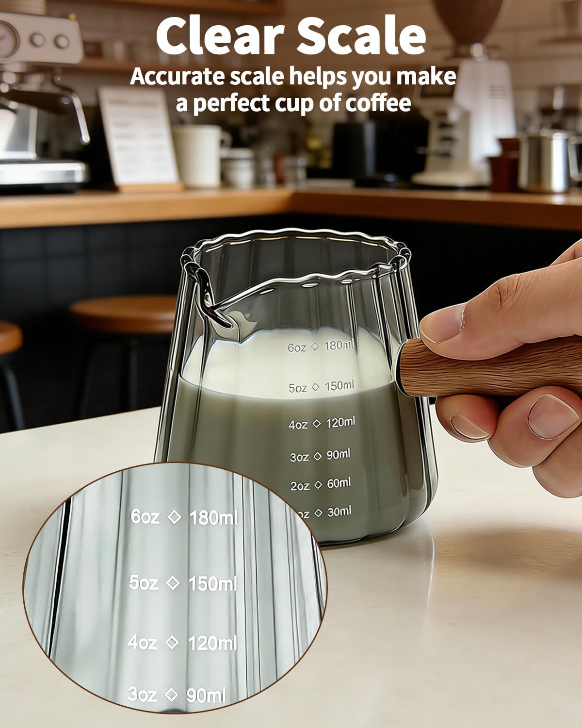 Espresso Measuring Cup 6 Oz, Espresso Cup with Wood Handle, V-Shaped Spout