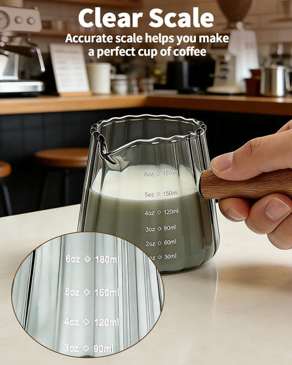 Espresso Measuring Cup 6 Oz, Espresso Cup with Wood Handle, V-Shaped Spout