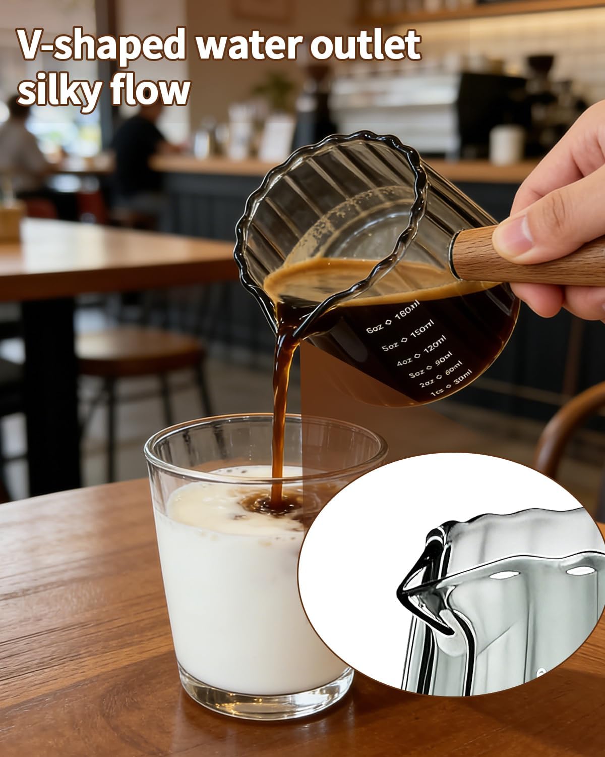 Espresso Measuring Cup 6 Oz, Espresso Cup with Wood Handle, V-Shaped Spout