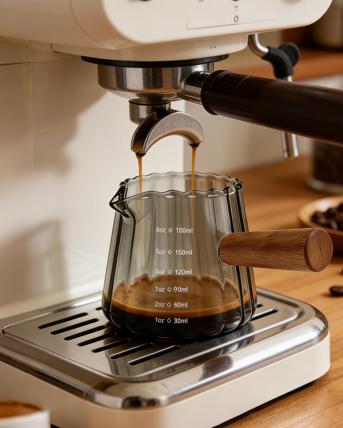 Espresso Measuring Cup 6 Oz, Espresso Cup with Wood Handle, V-Shaped Spout