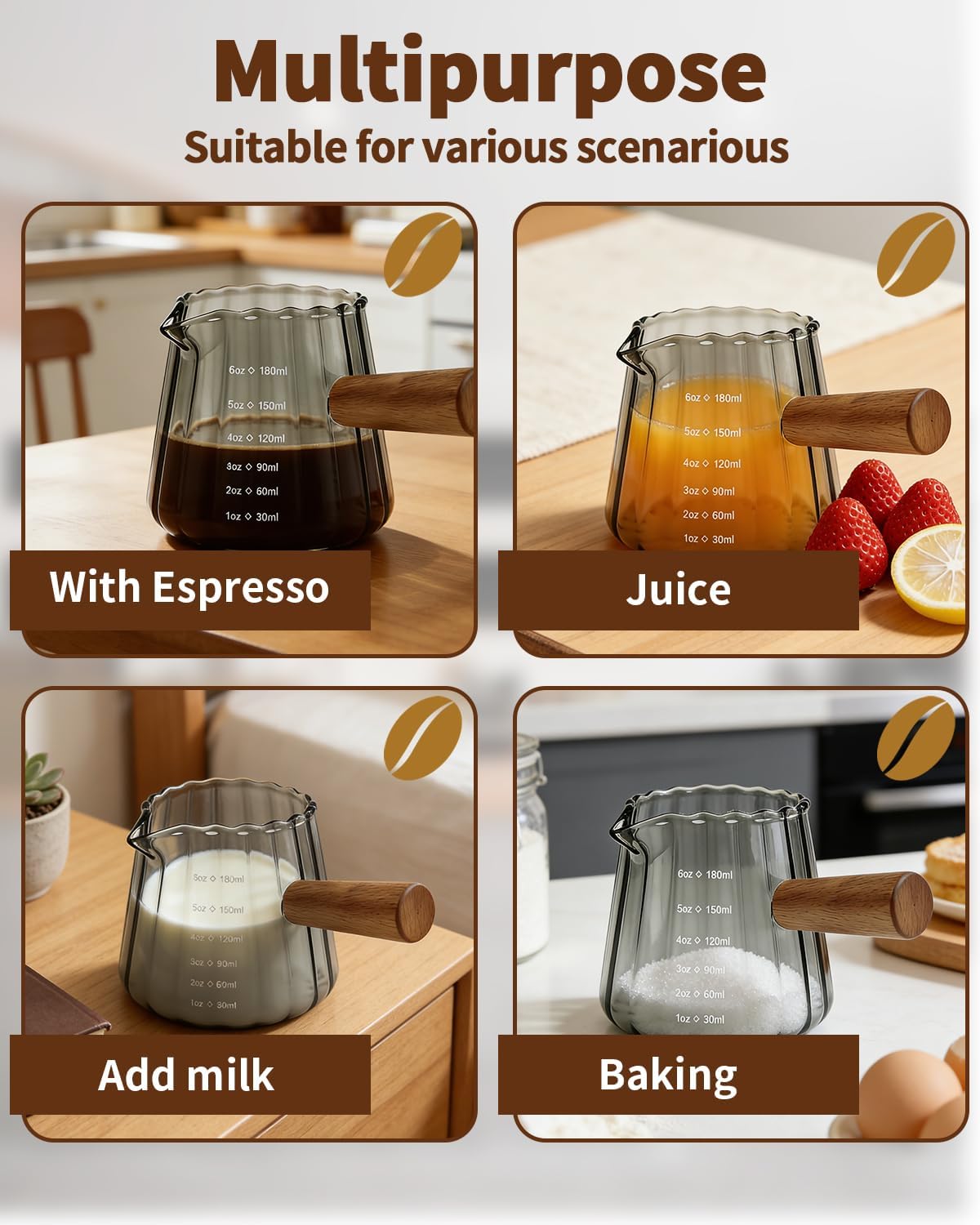 Espresso Measuring Cup 6 Oz, Espresso Cup with Wood Handle, V-Shaped Spout