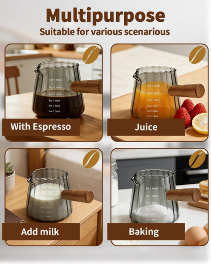 Espresso Measuring Cup 6 Oz, Espresso Cup with Wood Handle, V-Shaped Spout