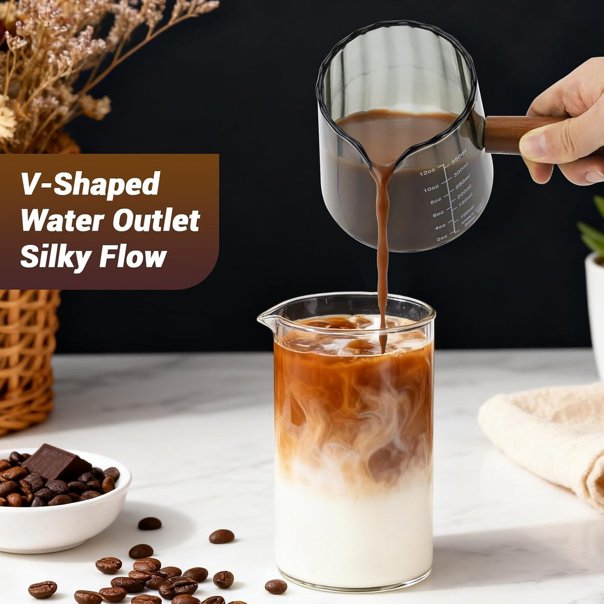 Espresso Measuring Cup 6 Oz, Espresso Cup with Wood Handle, V-Shaped Spout