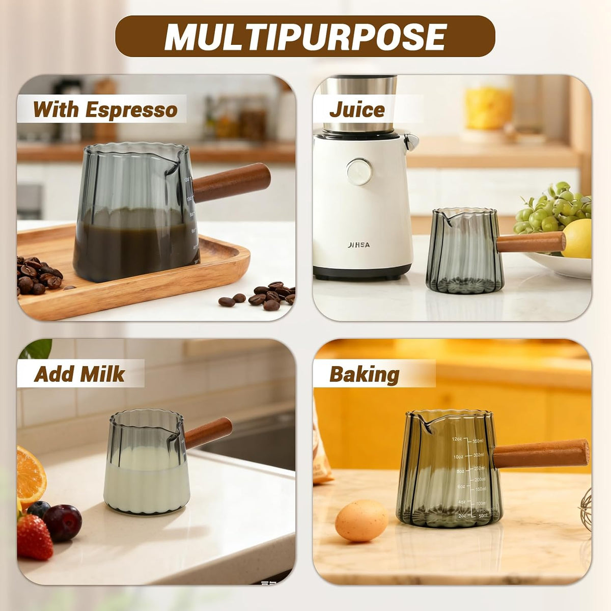 Espresso Measuring Cup 6 Oz, Espresso Cup with Wood Handle, V-Shaped Spout