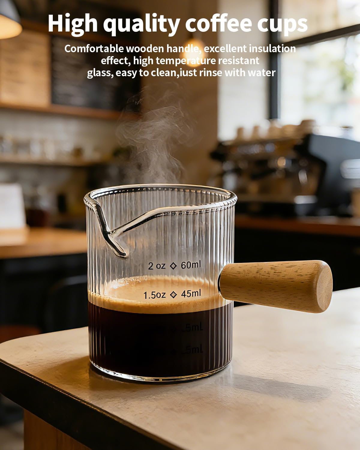 Espresso Measuring Cup 6 Oz, Espresso Cup with Wood Handle, V-Shaped Spout
