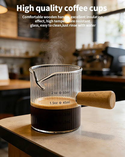 Espresso Measuring Cup 6 Oz, Espresso Cup with Wood Handle, V-Shaped Spout